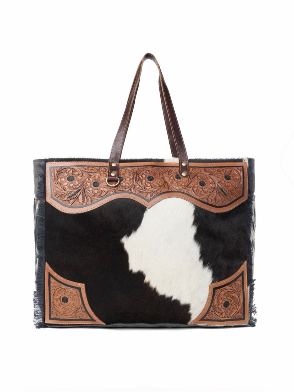 Western Tooled Leather & Black White Cowhide Tote Weekender Bag Travel Bag